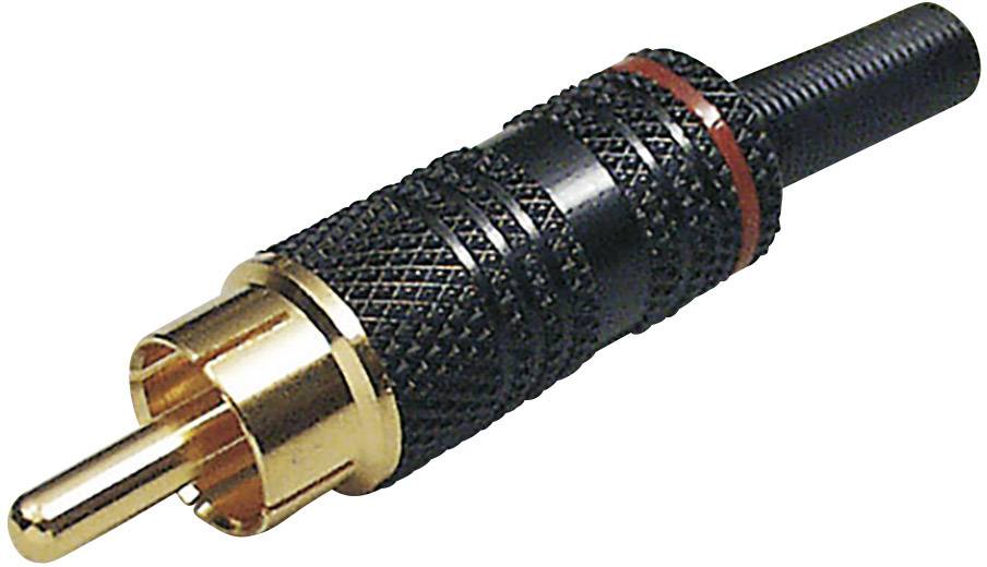 Un connecteur RCA doré avec une poignée striée noire et un anneau de marquage rouge, utilisé dans les appareils audio et vidéo.