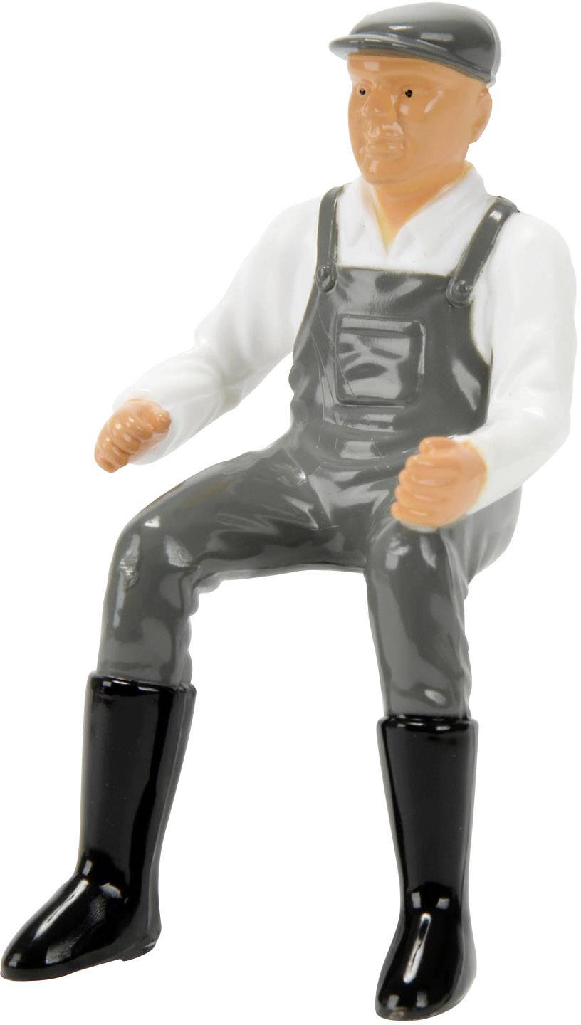 Figurine d'un homme assis portant une combinaison grise et des bottes, coiffé d'une casquette.