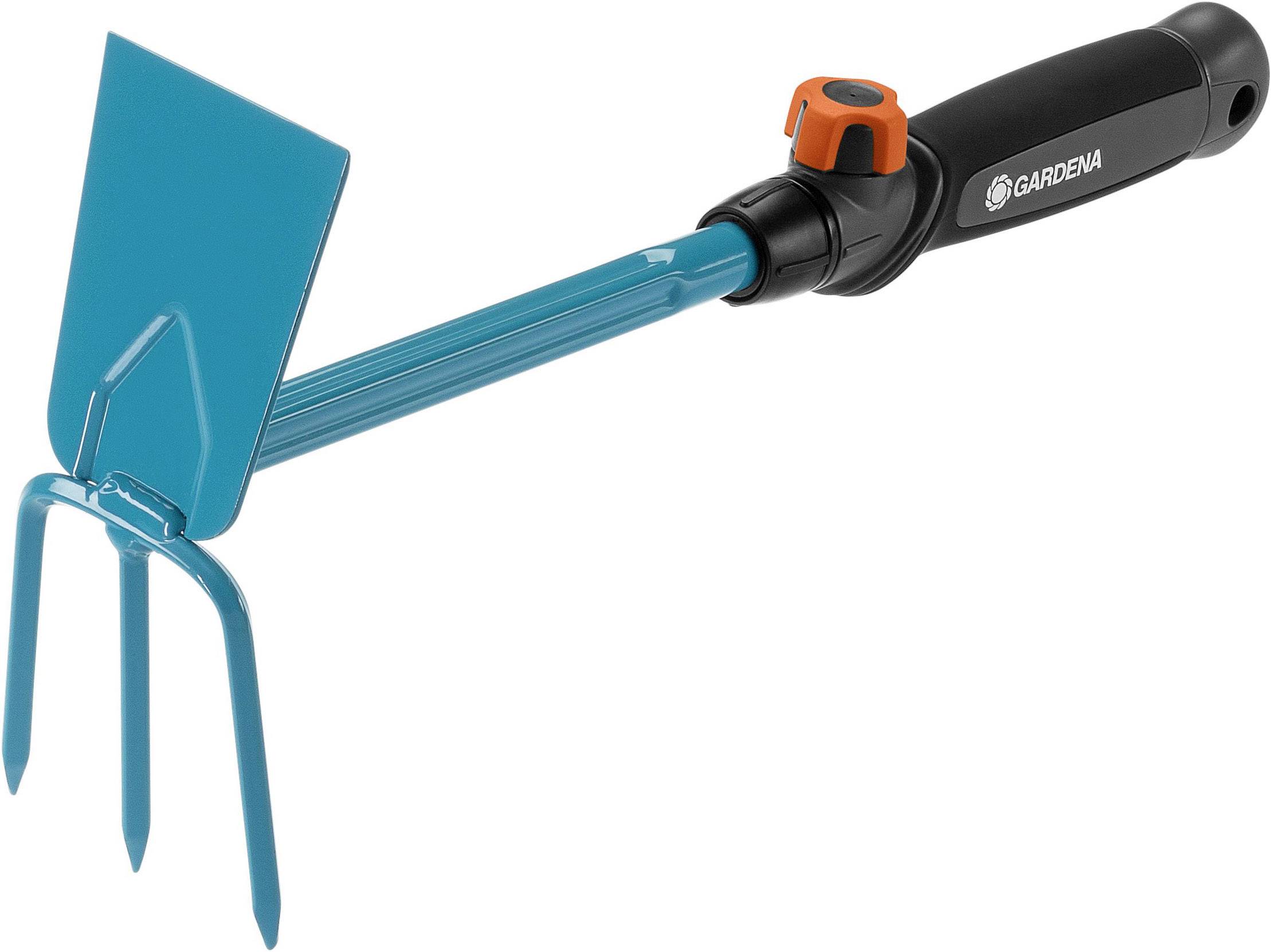 Outil de jardin avec poignée noire et bouton rotatif orange, composé d'une houe bleue et de trois dents.