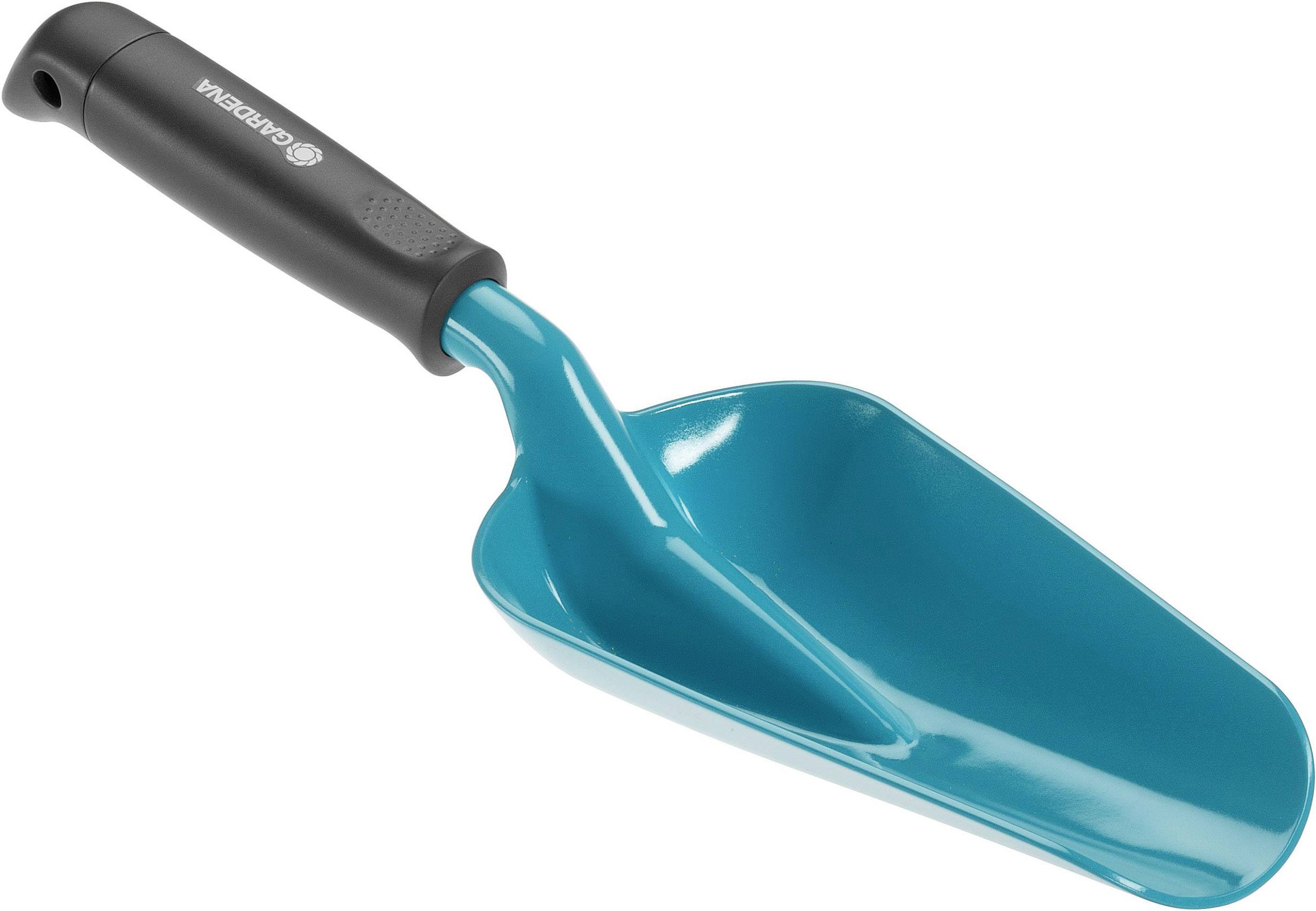 Une pelle à main bleue, ergonomique, en plastique avec une poignée noire, adaptée aux travaux de jardinage tels que les plantations et le déplacement de terre.