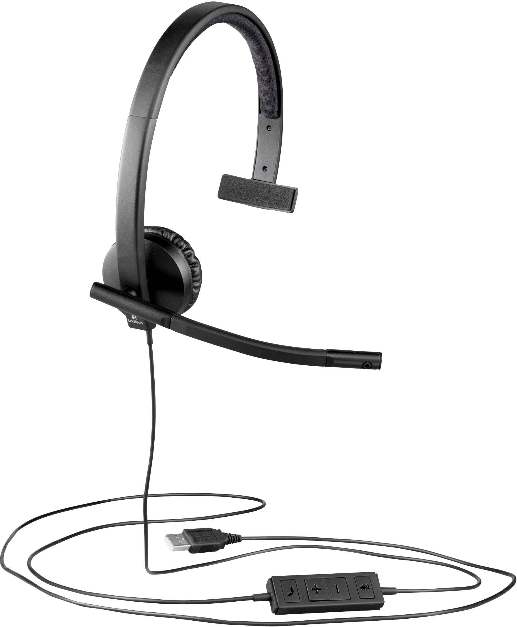 Un casque mono filaire avec connexion USB et commandes de volume et de sourdine sur le câble.