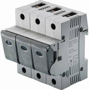 Disjoncteur tripolaire dans un boîtier gris avec des interrupteurs noirs, utilisé pour protéger les circuits électriques.