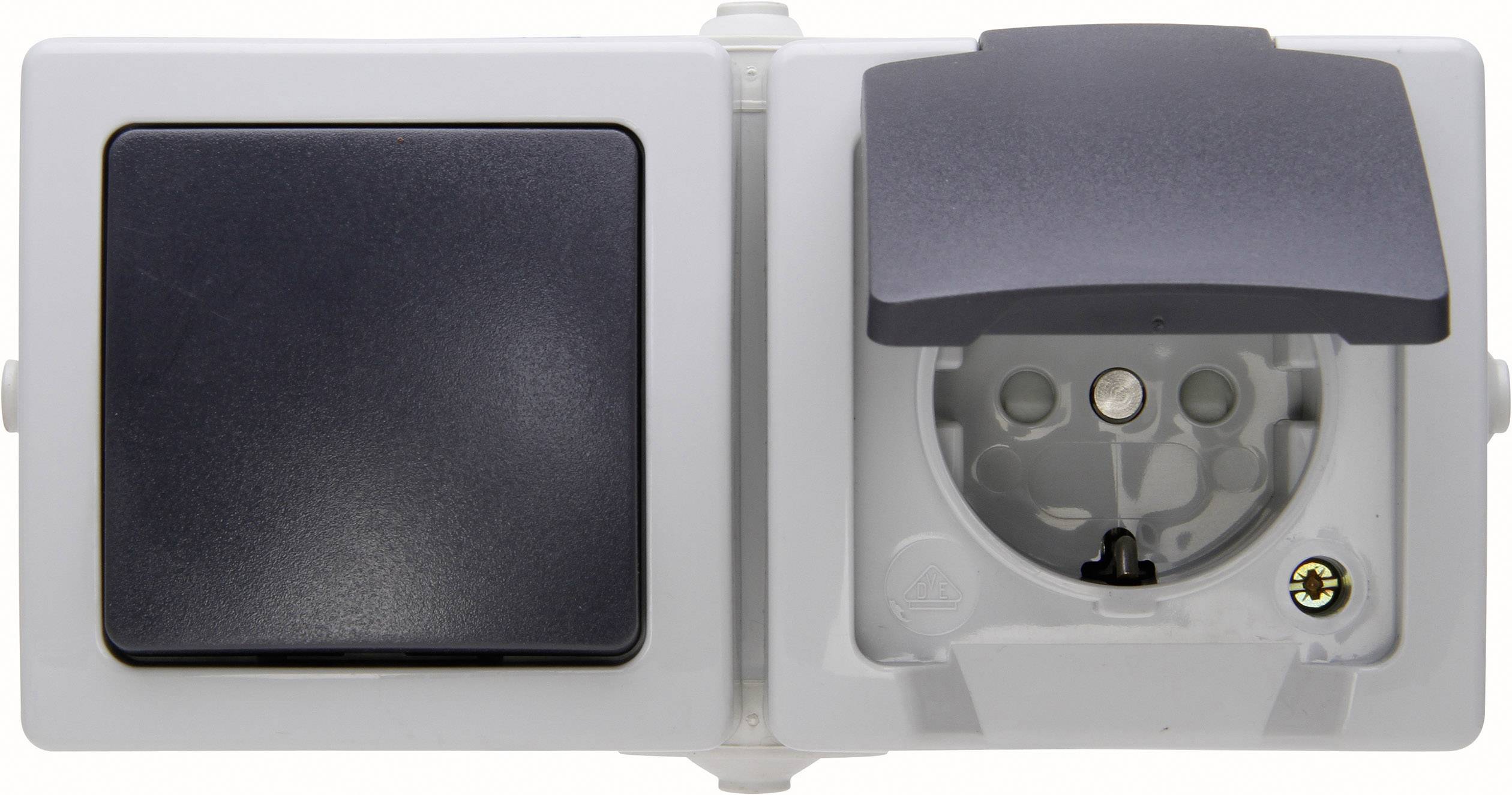 Interrupteur, Interrupteur va-et-vient, Prise 2P+T avec clapet Kopp 138656001 Nautic gris