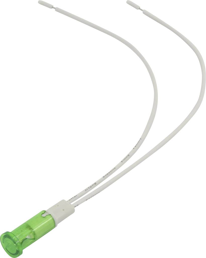 Diode électroluminescente verte avec deux câbles de connexion blancs. Principalement utilisée dans les circuits électroniques pour indiquer un état.
