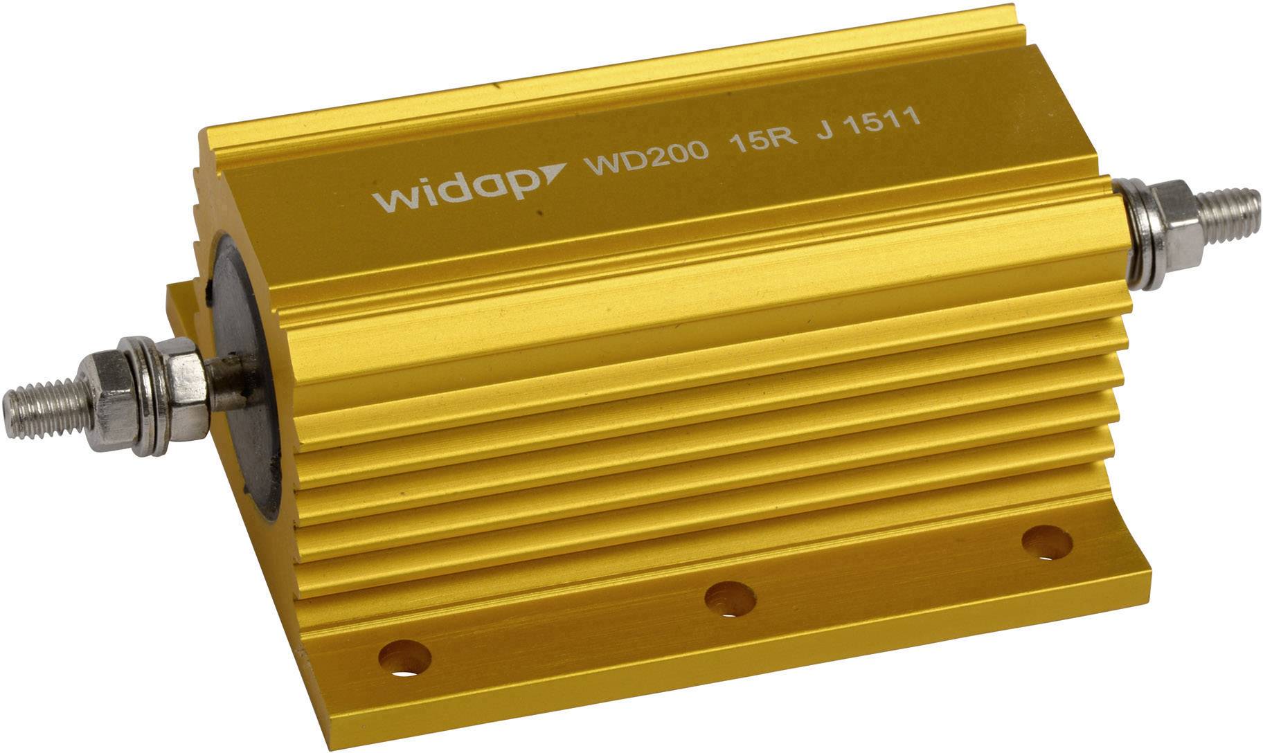 Résistance de puissance dorée avec ailettes de refroidissement et deux bornes de connexion, montée sur une plaque de fixation. Texte 'widap WD200 15R J1511'.