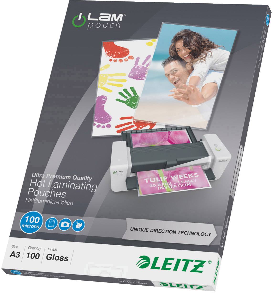 Emballage de 'LEITZ Feuilles de plastification' Deux images : un couple souriant et des empreintes de mains d'enfants. Produit pour plastification à chaud, format A3, 100 feuilles, brillant, 100 microns.