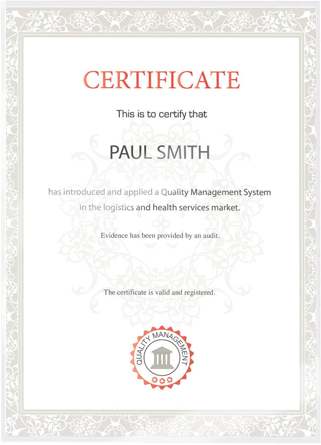 Certificat attribué à Paul Smith, confirmant la mise en place d'un système de management de la qualité dans le secteur des services logistiques et de santé.