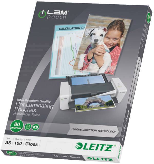 Emballage pour les pochettes de plastification 'Leitz'. Présente un appareil de plastification avec des photos, dont un chien avec une fille et un paysage.