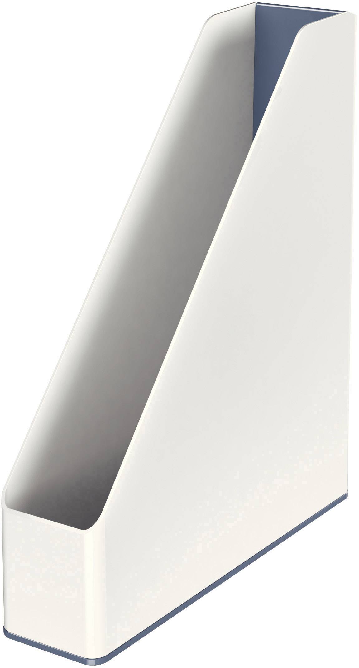 Un collecteur de magazines blanc en plastique, au design simple, pour le rangement vertical de documents ou de magazines.