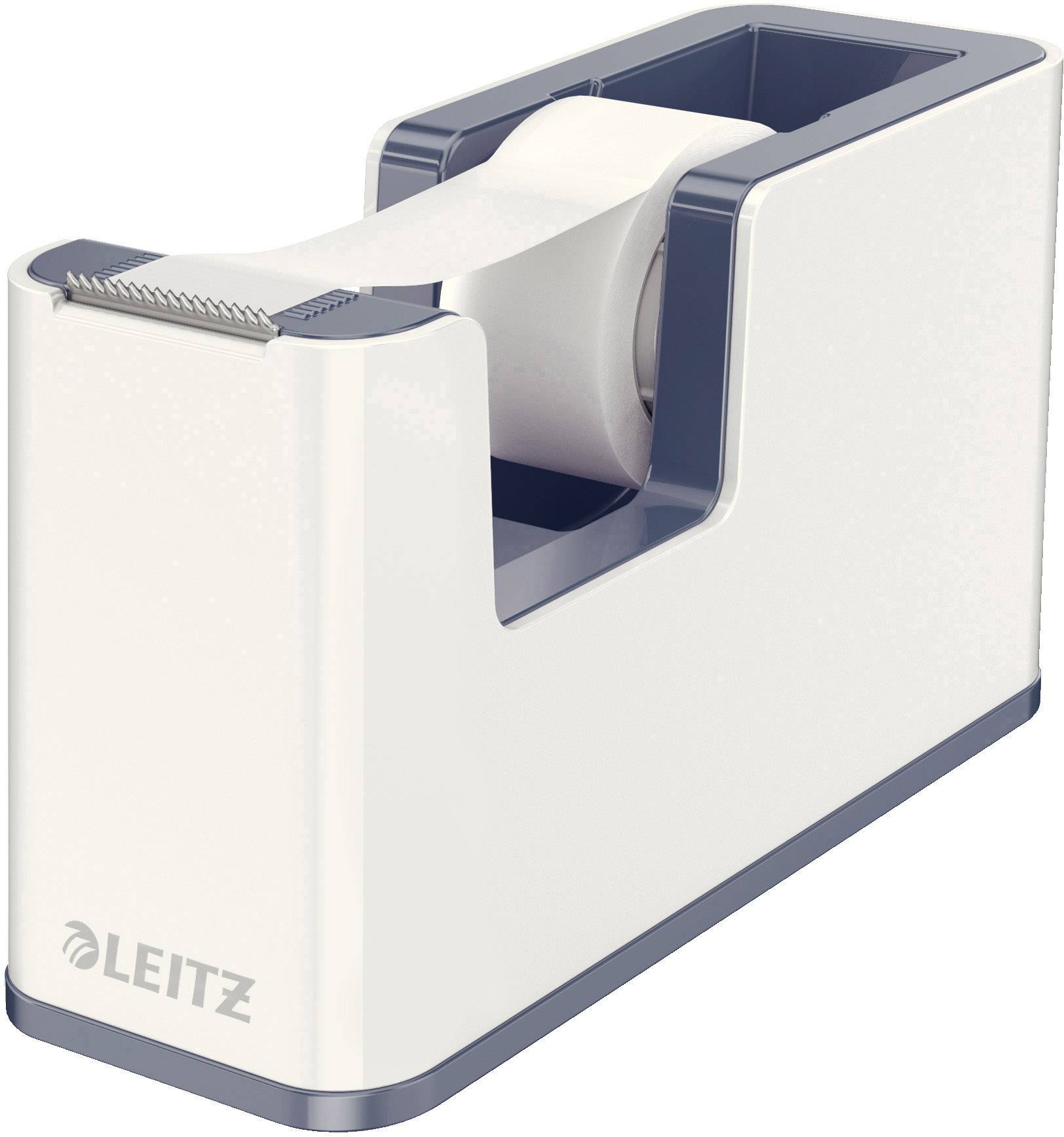 Un dévidoir de ruban adhésif blanc de la marque Leitz avec mécanisme de coupe intégré.