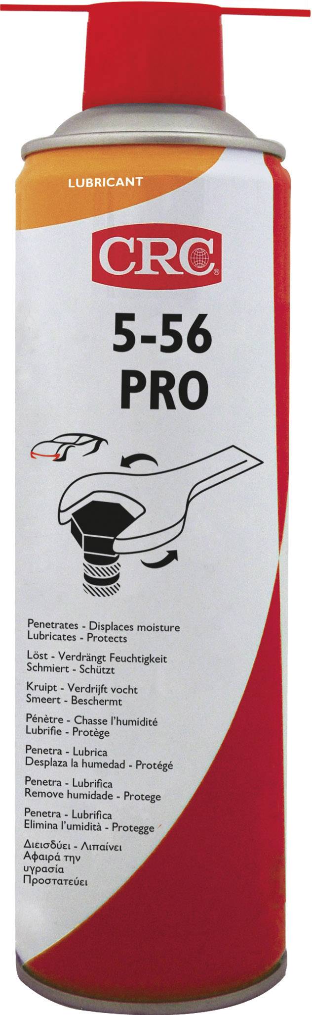 Bombe aérosol portant l'inscription 'CRC 5-56 PRO'. Utilisée comme lubrifiant et protection contre la rouille.