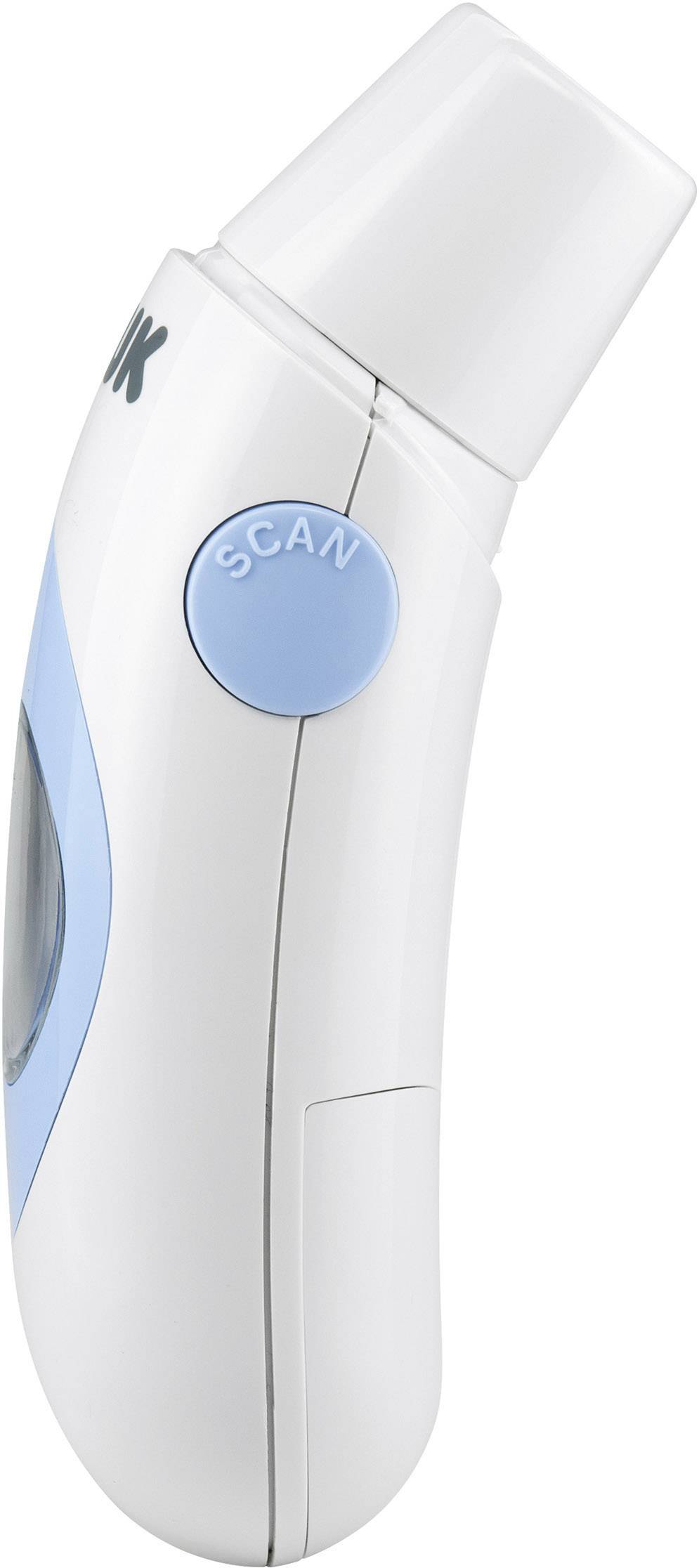 Un thermomètre auriculaire numérique avec un bouton 'SCAN' bleu, un design incurvé et un embout de mesure légèrement incliné.
