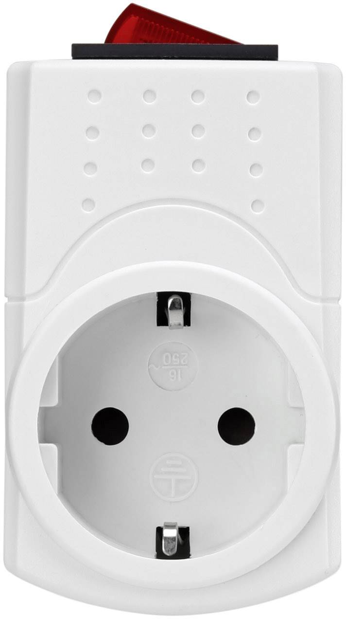 Prise électrique blanche avec interrupteur, adaptée aux fiches européennes, avec interrupteur à bascule rouge en haut.