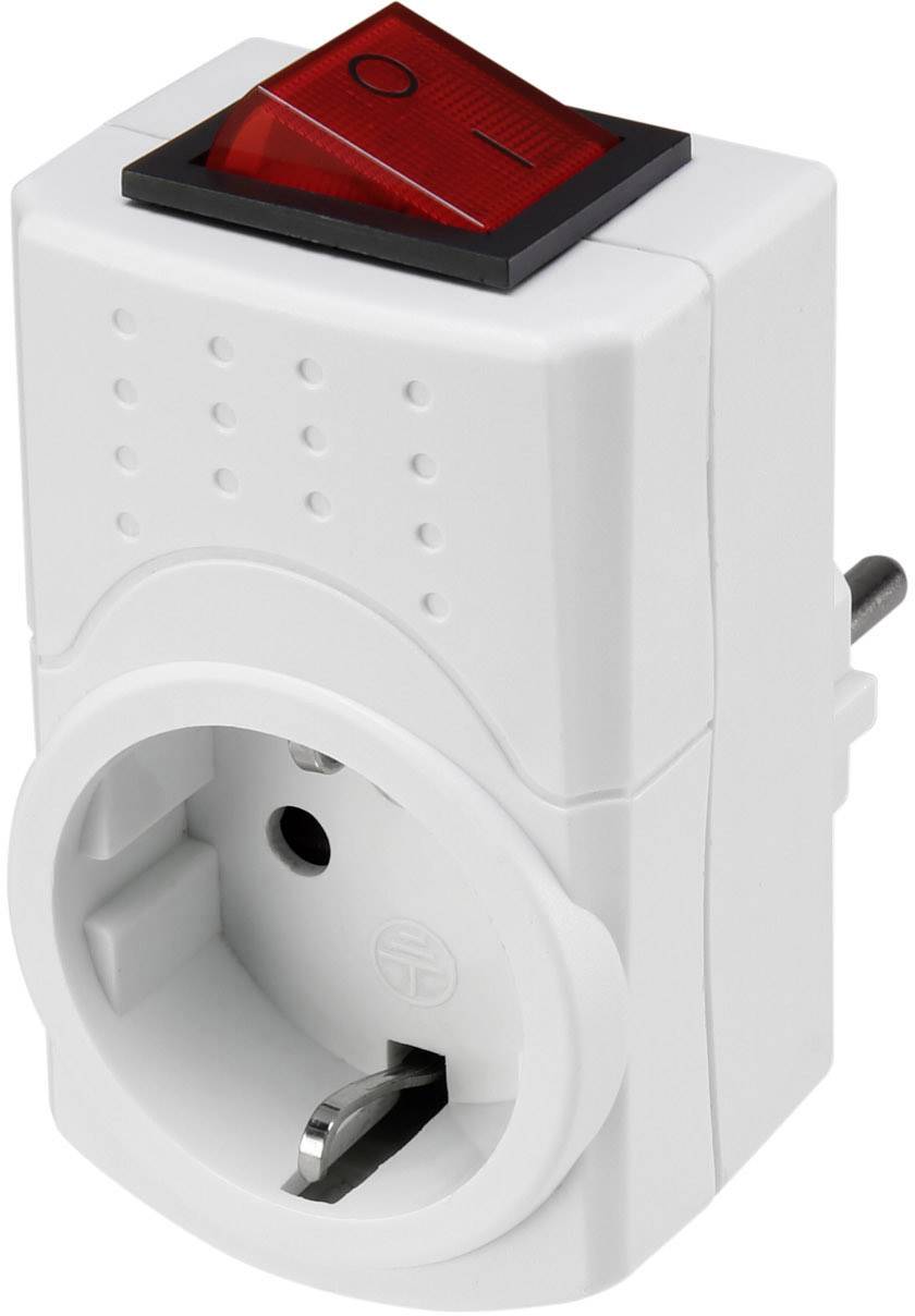 Prise électrique blanche avec interrupteur à bascule et bouton marche/arrêt rouge. Idéale pour la gestion de l'énergie et la déconnexion des appareils du réseau électrique.