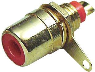 Connecteur RCA doré avec embase rouge. Utilisé pour les signaux audio et vidéo afin de connecter des appareils électroniques.