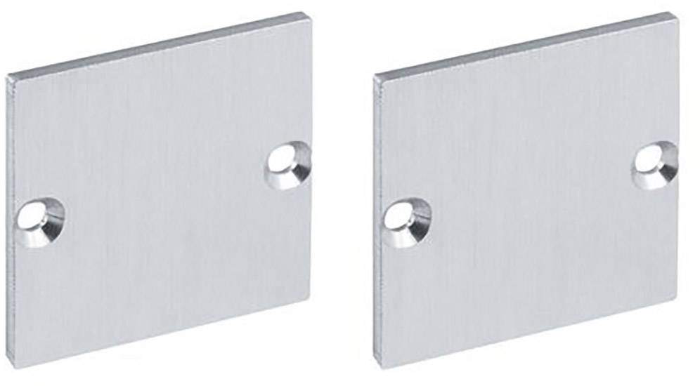 Deux plaques rectangulaires en métal, chacune percée de deux trous sur les côtés. Elles sont disposées côte à côte et brillent légèrement.