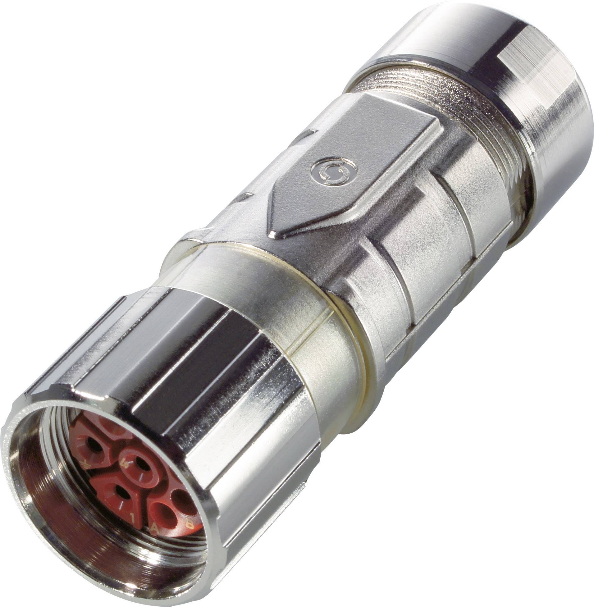 Connecteur métallique avec boîtier strié et intérieur rouge, adapté aux applications industrielles.