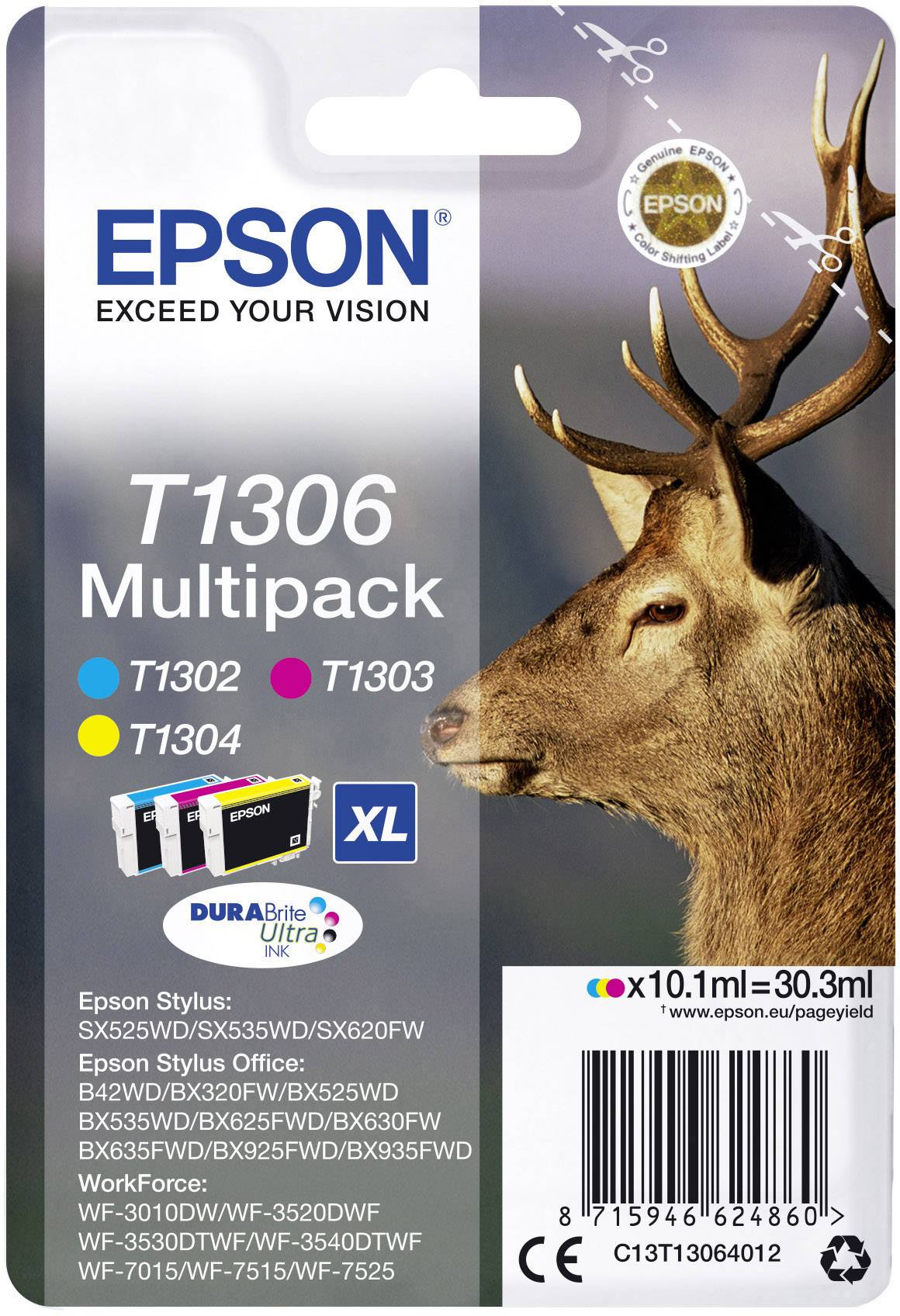 Epson Encre T1306 d'origine pack bundle cyan, magenta, jaune C13T13064012