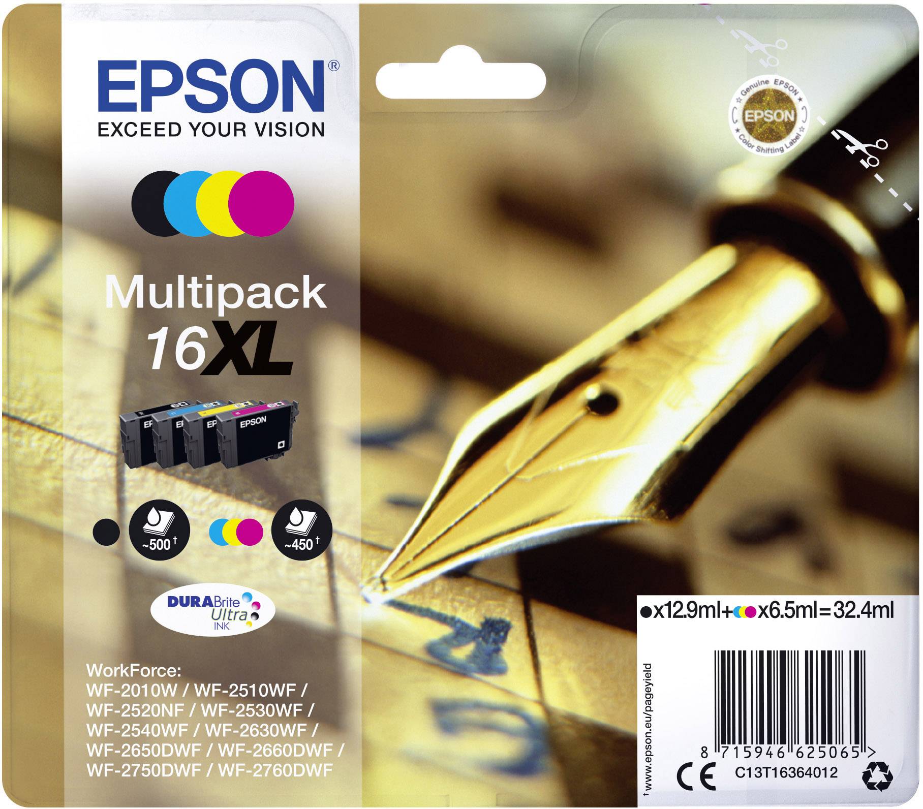 Emballage pour cartouches d'encre Epson 16XL, pack multicolore. Contient des cartouches noires, cyan, magenta et jaunes. Compatible avec plusieurs modèles d'imprimantes Epson.