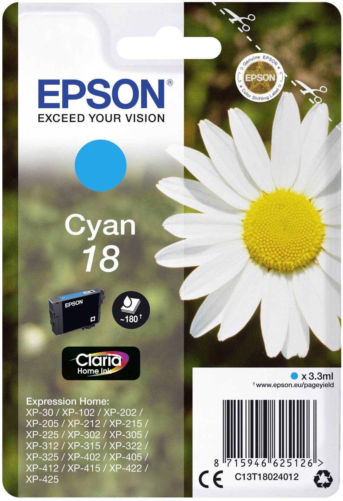 Epson Encre T1802, 18 d'origine cyan C13T18024012