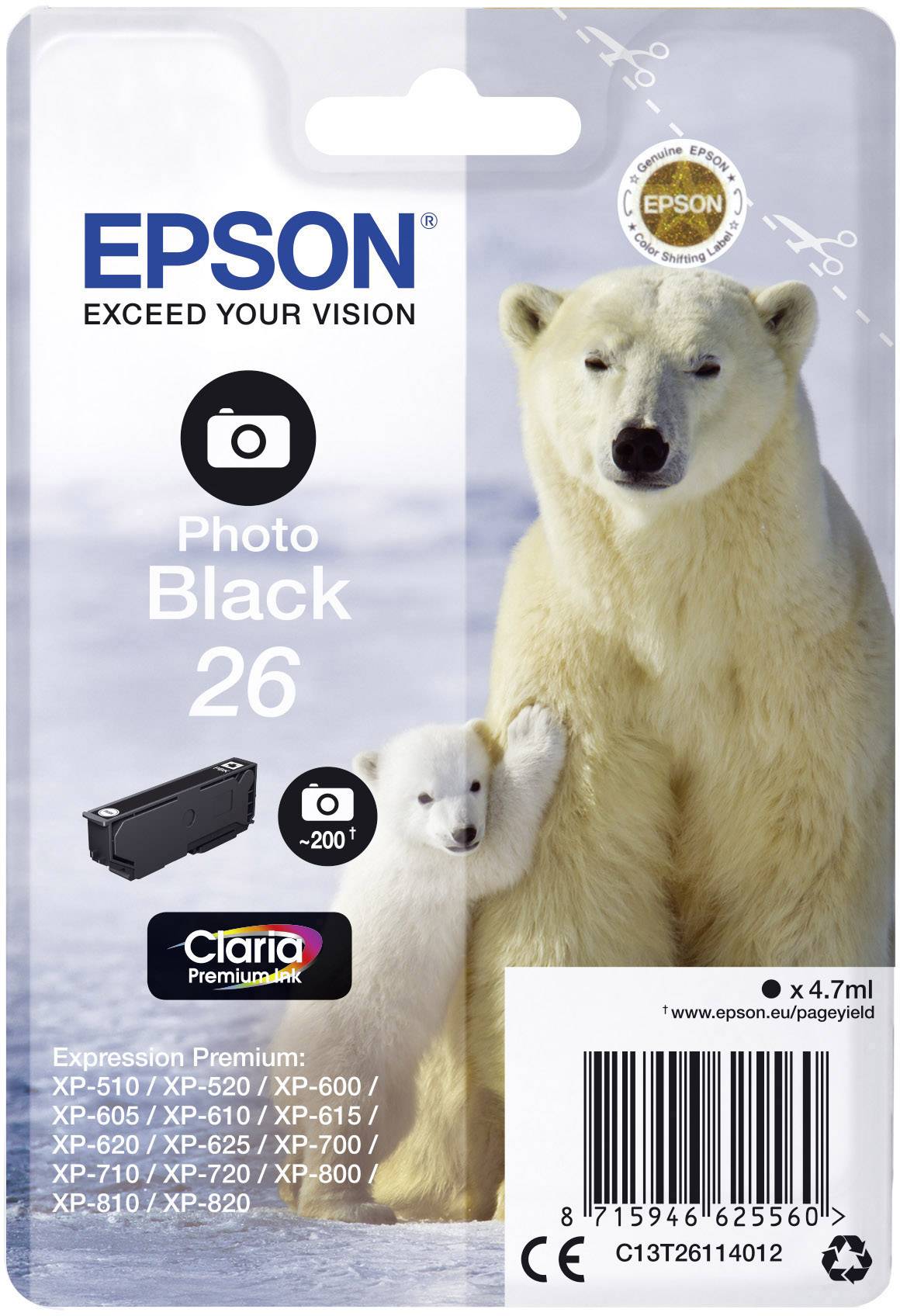 Epson Encre T2611, 26 d'origine noir photo C13T26114012