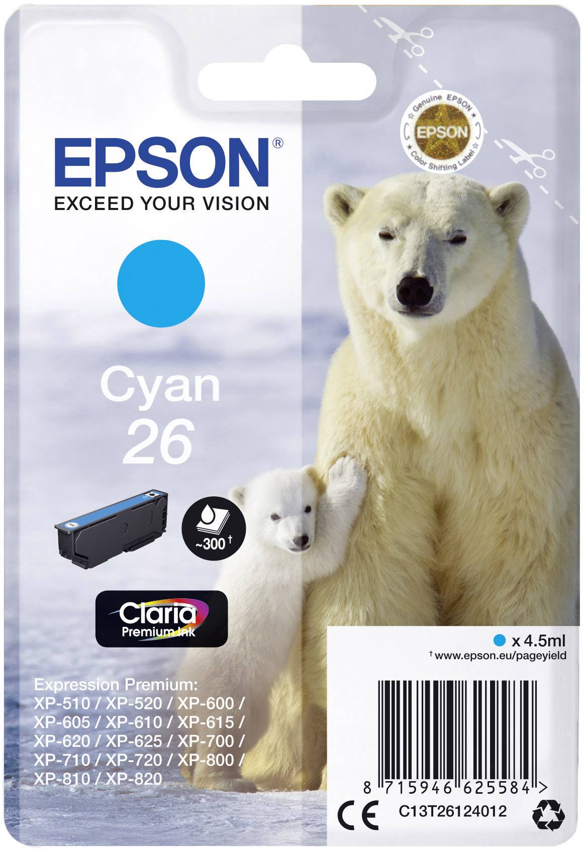 Epson Encre T2612, 26 d'origine cyan C13T26124012