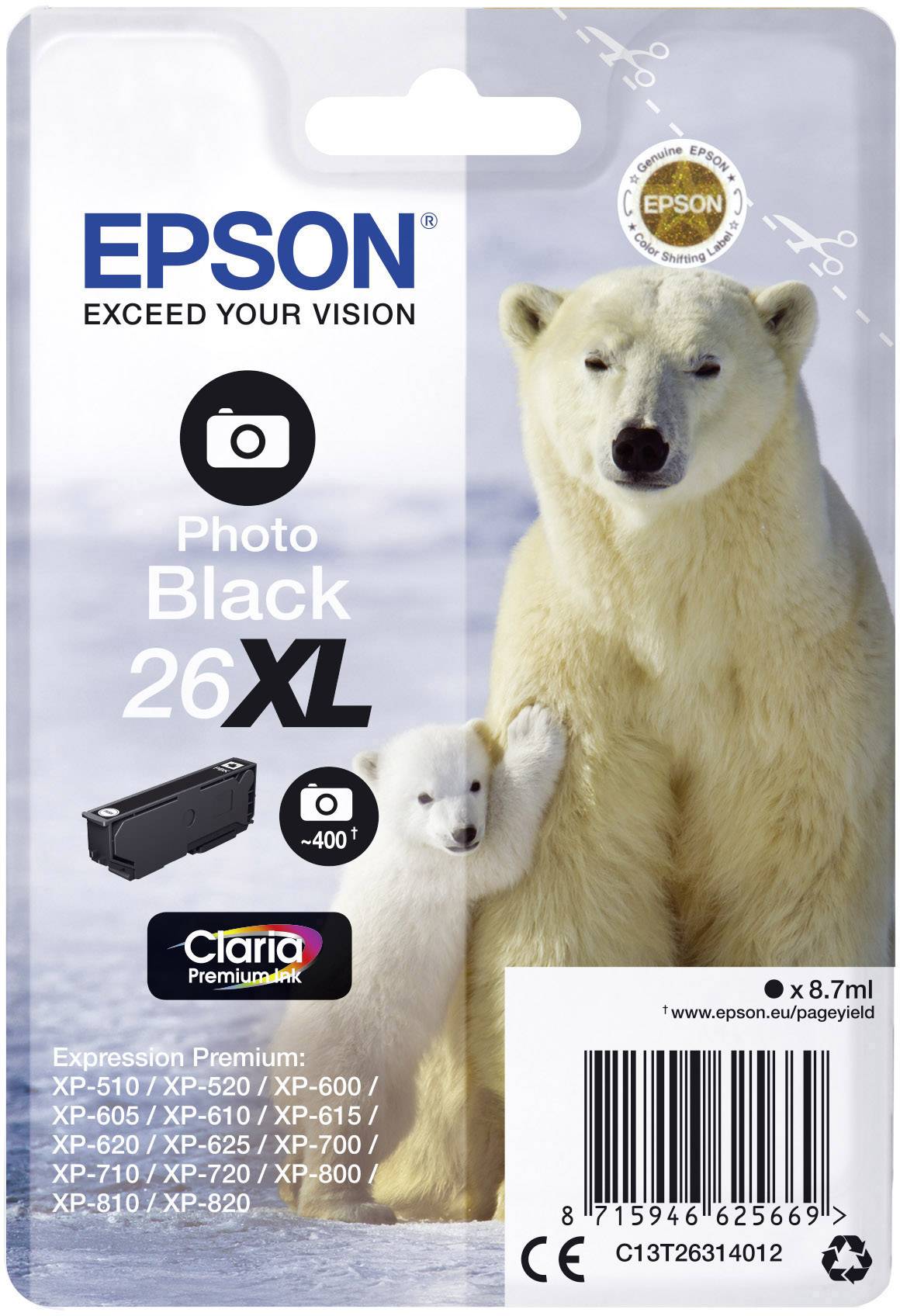 Epson Encre T2631, 26XL d'origine noir photo C13T26314012