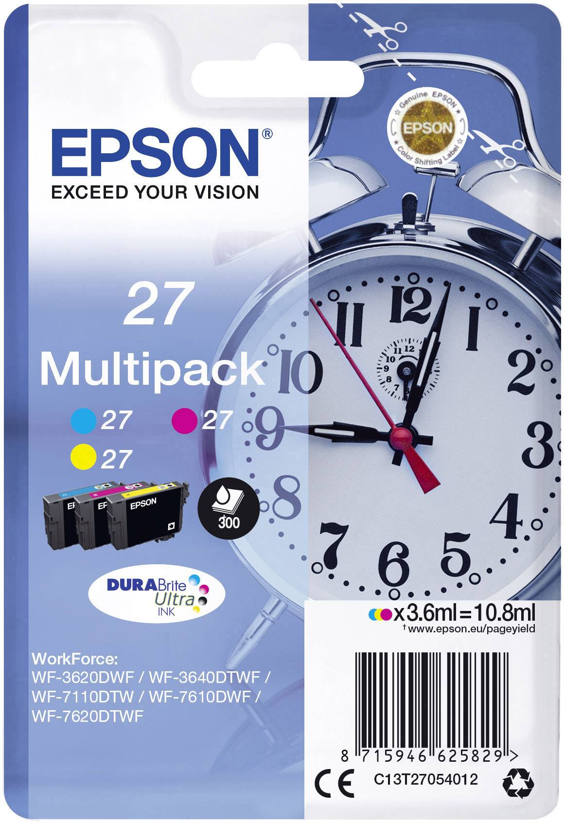 Epson Encre T2705, 27 d'origine pack bundle cyan, jaune, magenta C13T27054012