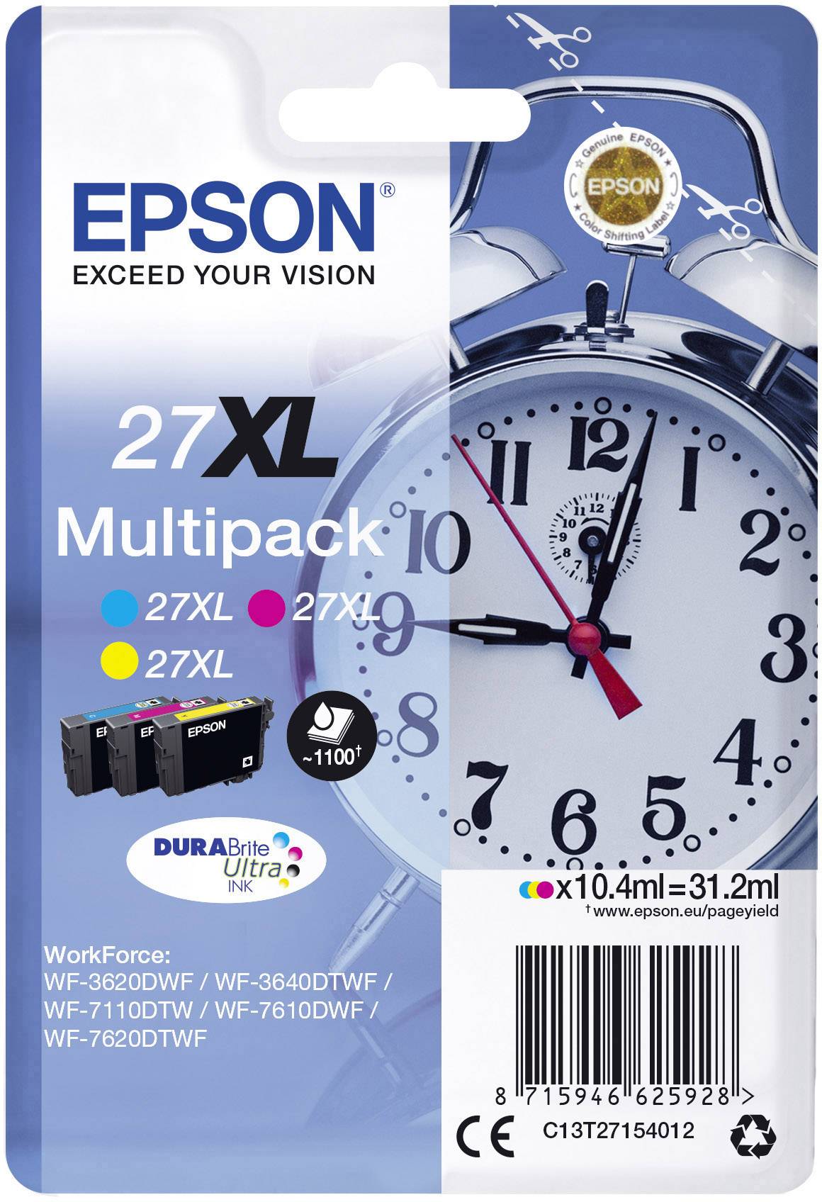 Epson Encre T2715, 27XL d'origine pack bundle cyan, jaune, magenta C13T27154012