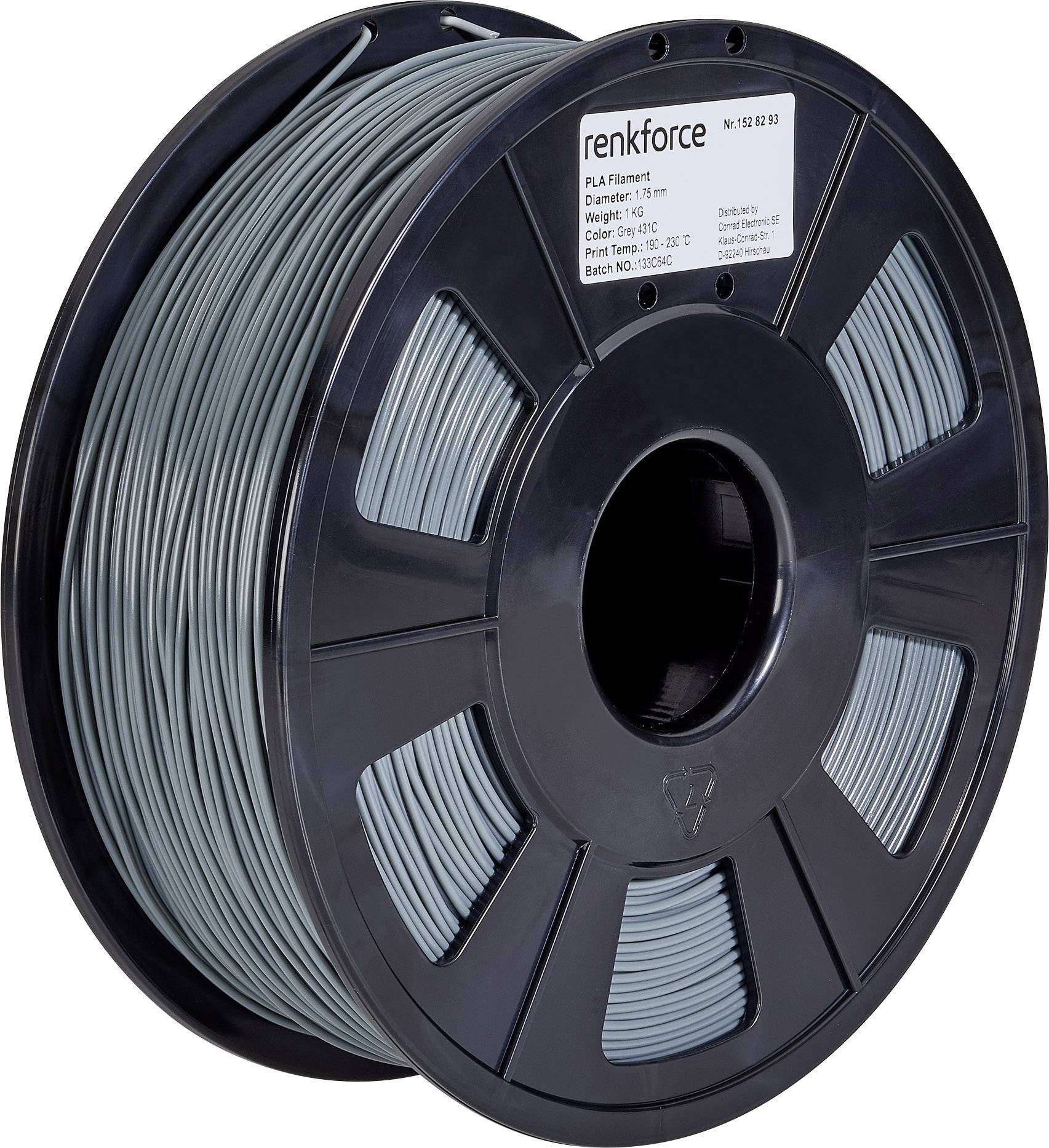 Rouleau de filament PLA gris-bleu de la marque Renkforce, adapté aux imprimantes 3D. L'étiquette indique le diamètre et le poids.