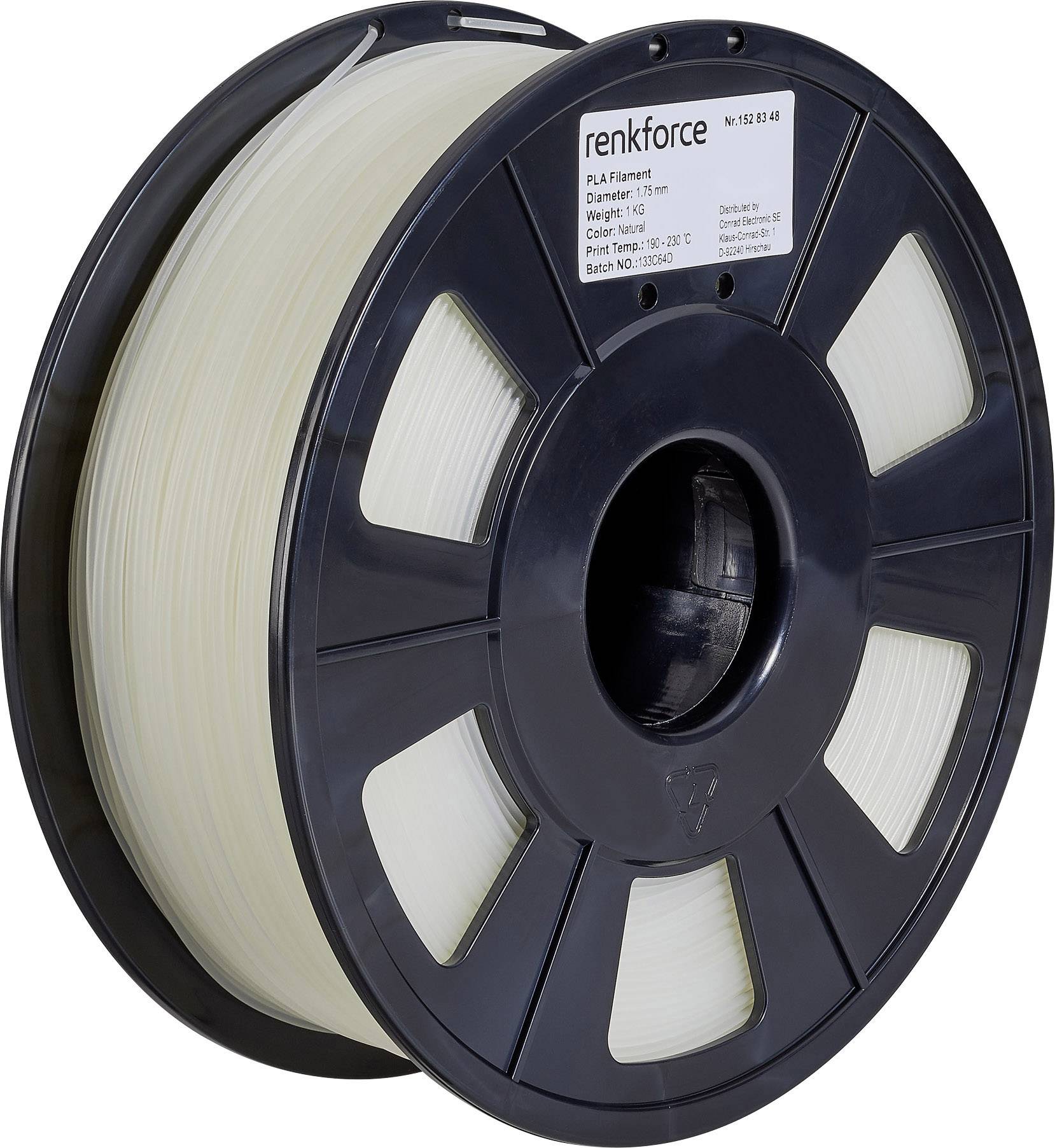 Bobine noire contenant du filament PLA beige, étiquetée avec des informations sur le matériau, le diamètre, le poids et la température d'impression recommandée.