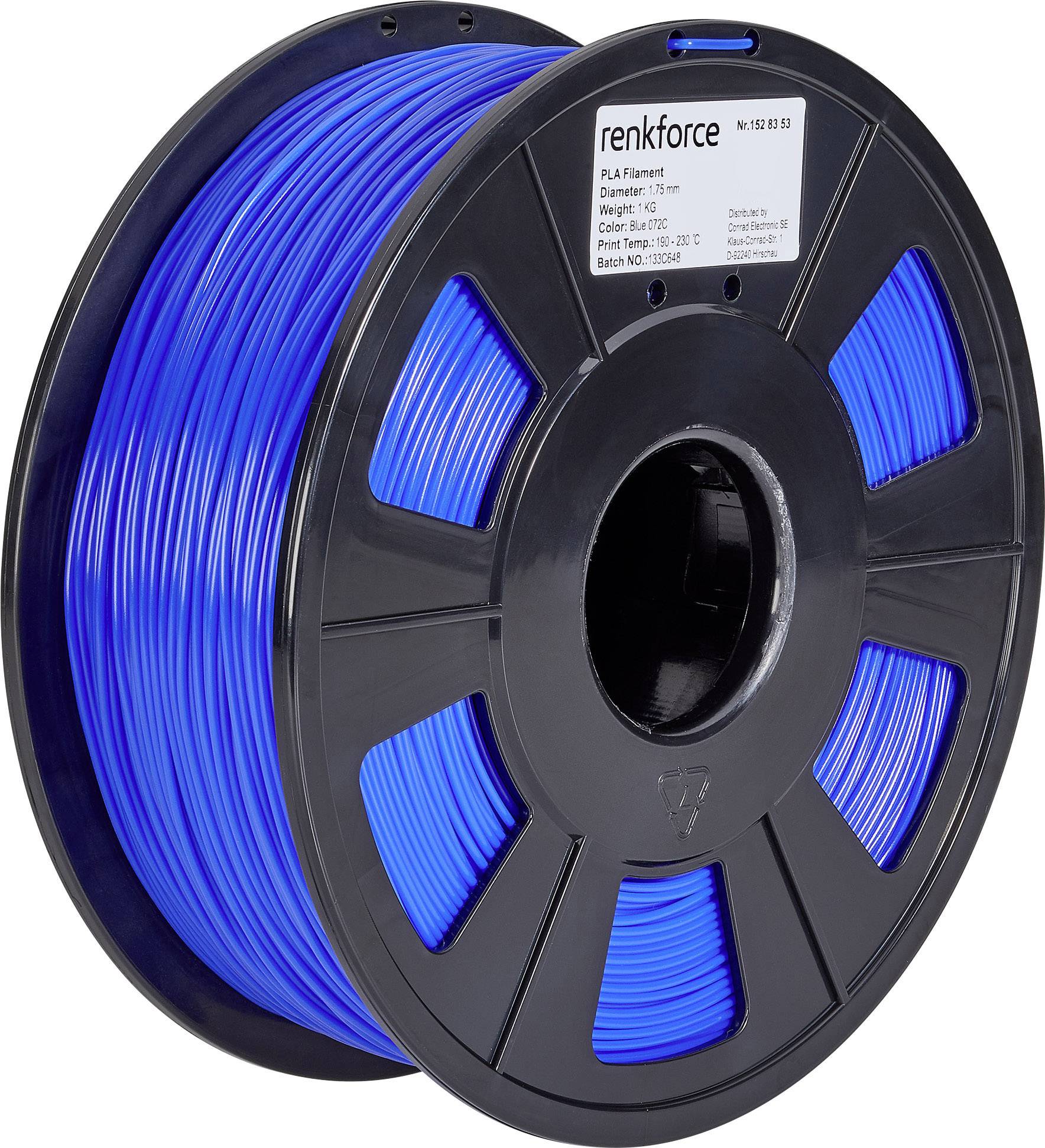 Rouleau de filament pour imprimante 3D, couleur Bleu, marque : renkforce, matériau : PLA, diamètre : 1,75 mm, poids : 1000 g.