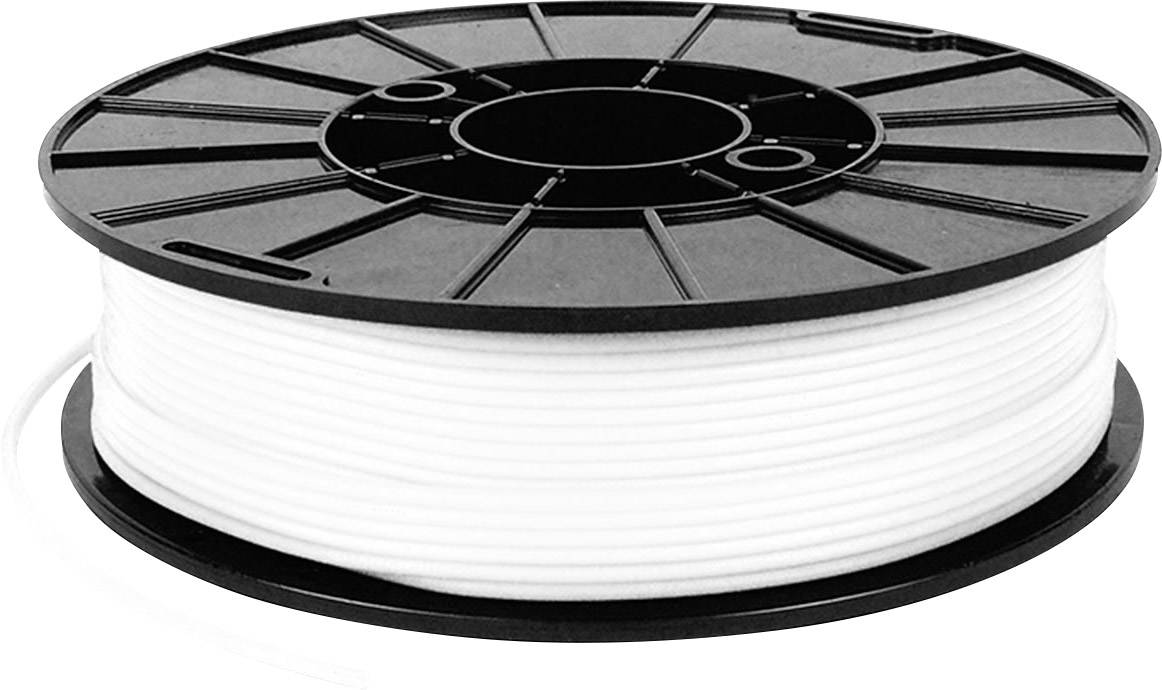 Une bobine noire avec du filament d'impression 3D blanc.