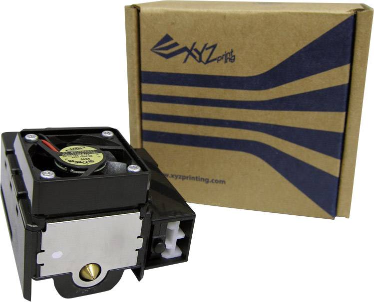 Tête d'impression 3D noire avec ventilateur, à côté d'un emballage marron portant le logo 'XYZprinting'.