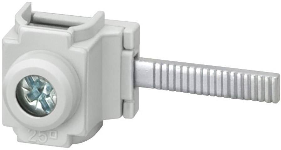 Une borne de connexion grise avec vis et goupille métallique, utilisée pour fixer des conducteurs électriques.