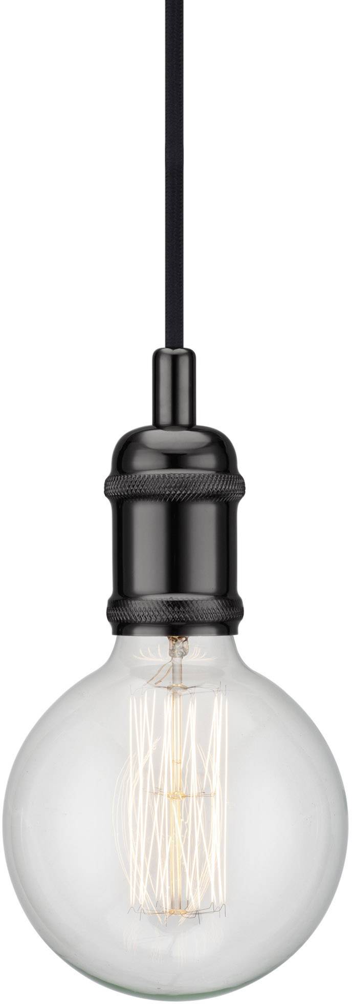 Une ampoule allumée avec un filament visible, suspendue à un câble noir.