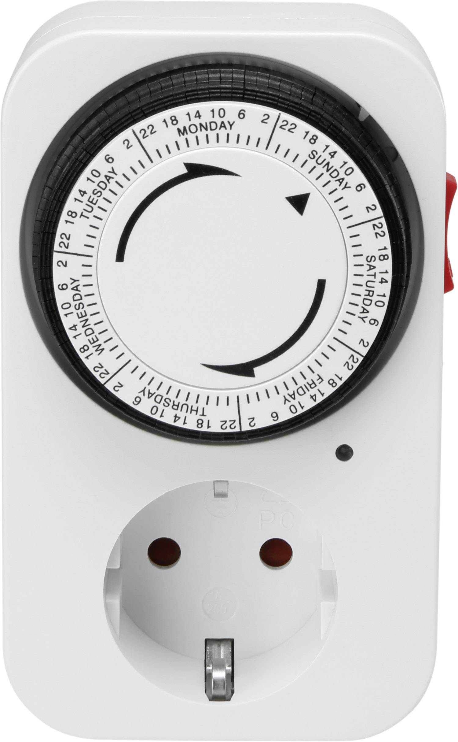 Programmateur de prise avec cadran rond pour le réglage du temps, affichant les jours de la semaine et les heures, destiné au contrôle automatique des appareils.