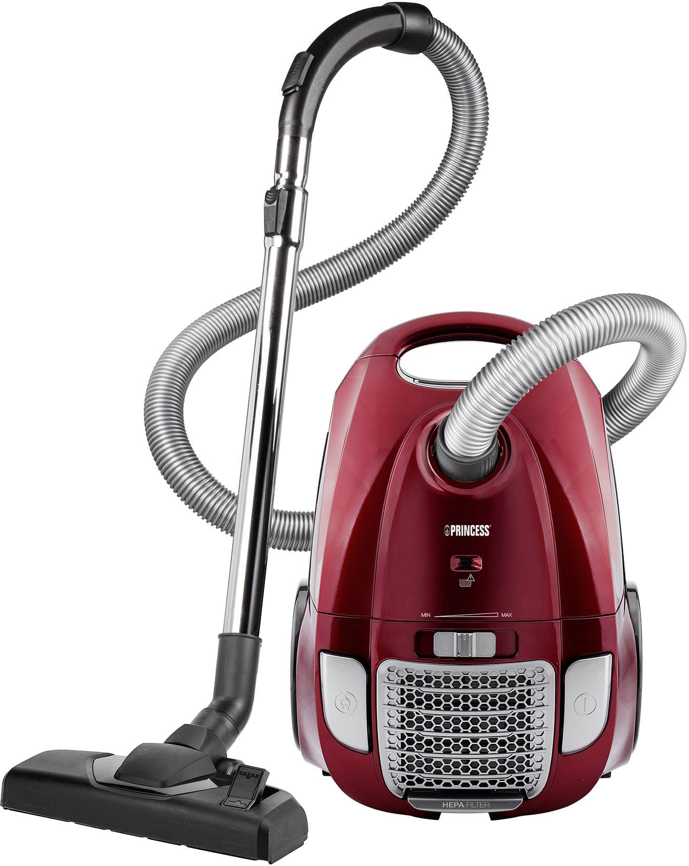 Un aspirateur rouge avec un tuyau et une brosse d'aspiration, debout verticalement.