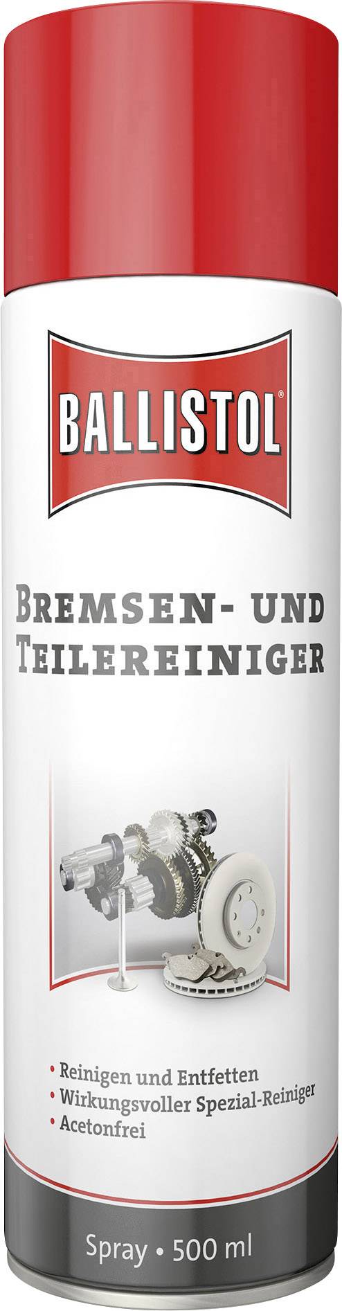 Aerosoldose Ballistol Nettoyant pour freins et pièces détachées, 500 ml, capuchon rouge. Adapté au nettoyage et au dégraissage des pièces automobiles et de machines.