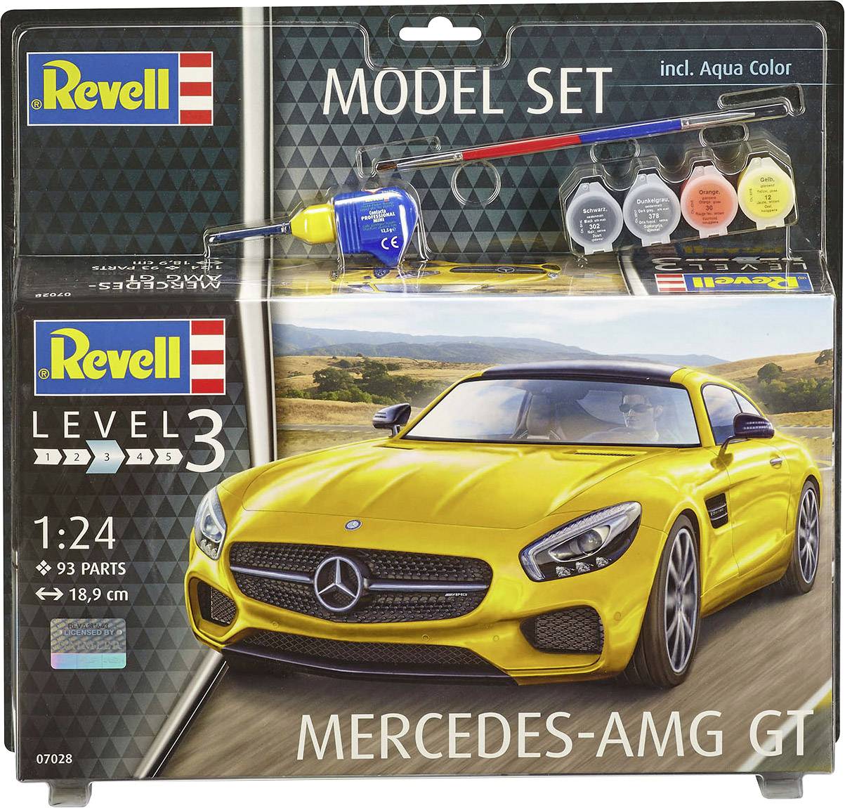 Kit de modélisme Revell 'Mercedes-AMG GT', échelle 1:24, Niveau 3, comprenant 93 pièces. Le set inclut des peintures et des pinceaux pour l'assemblage.