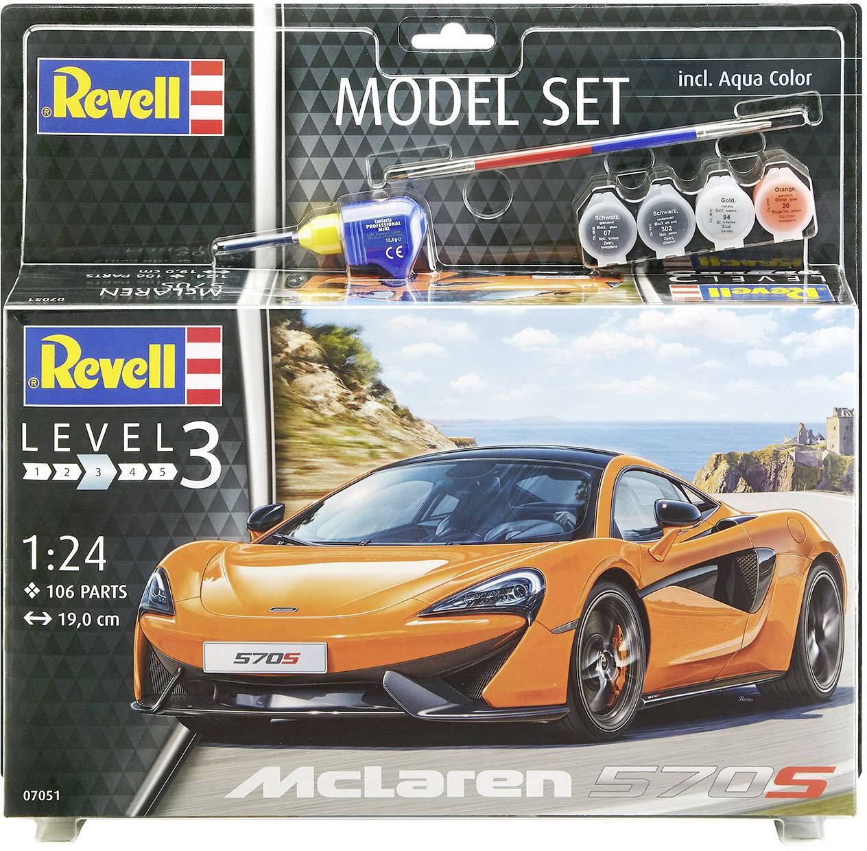 Kit de maquette McLaren 570S à l'échelle 1:24 de Revell, comprenant des peintures et des pinceaux, niveau 3 pour modélistes expérimentés.