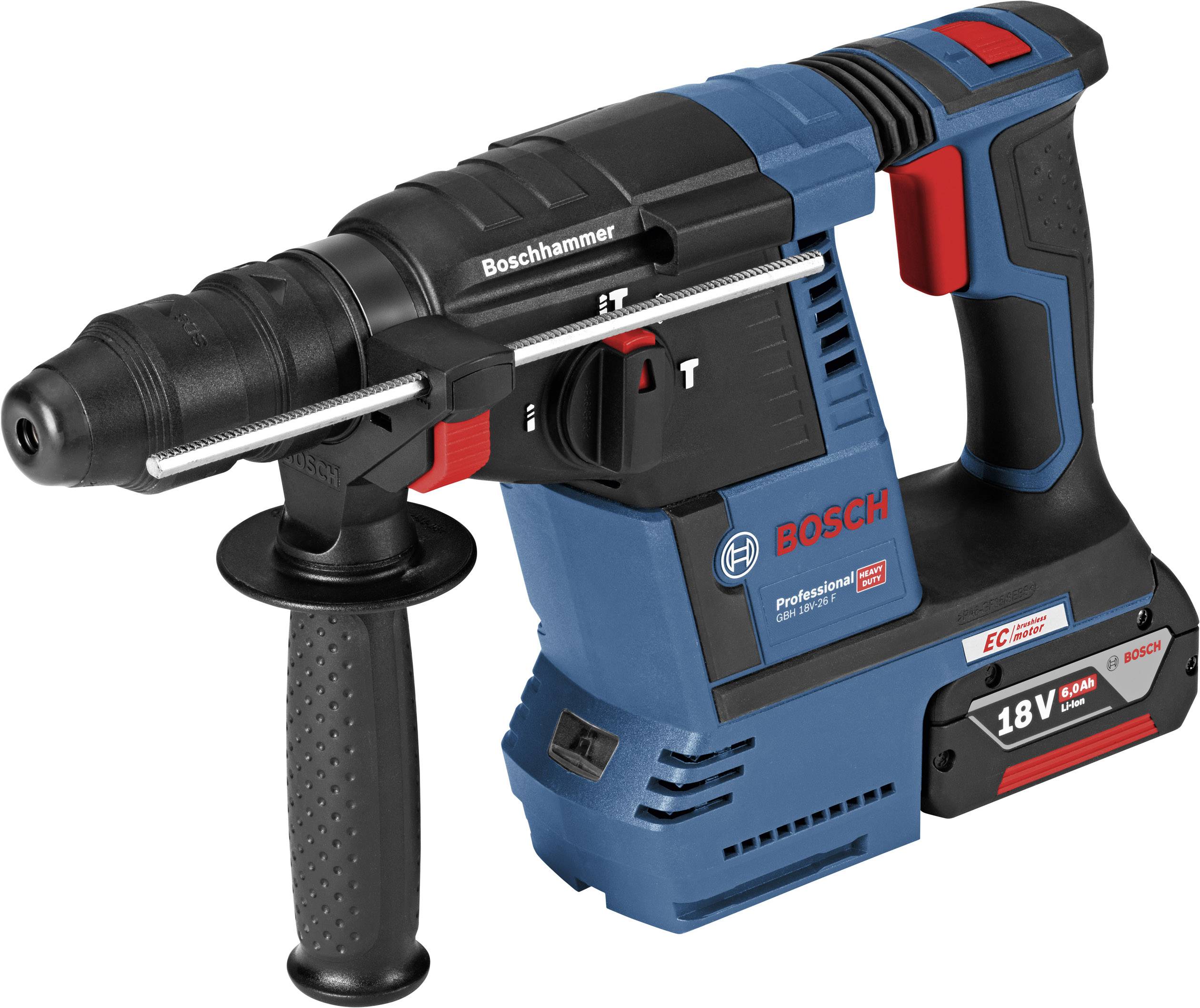 Marteau perforateur sans fil Bosch en bleu avec poignée rouge et noire, avec une poignée supplémentaire à gauche. Modèle 'Professional 18V'.