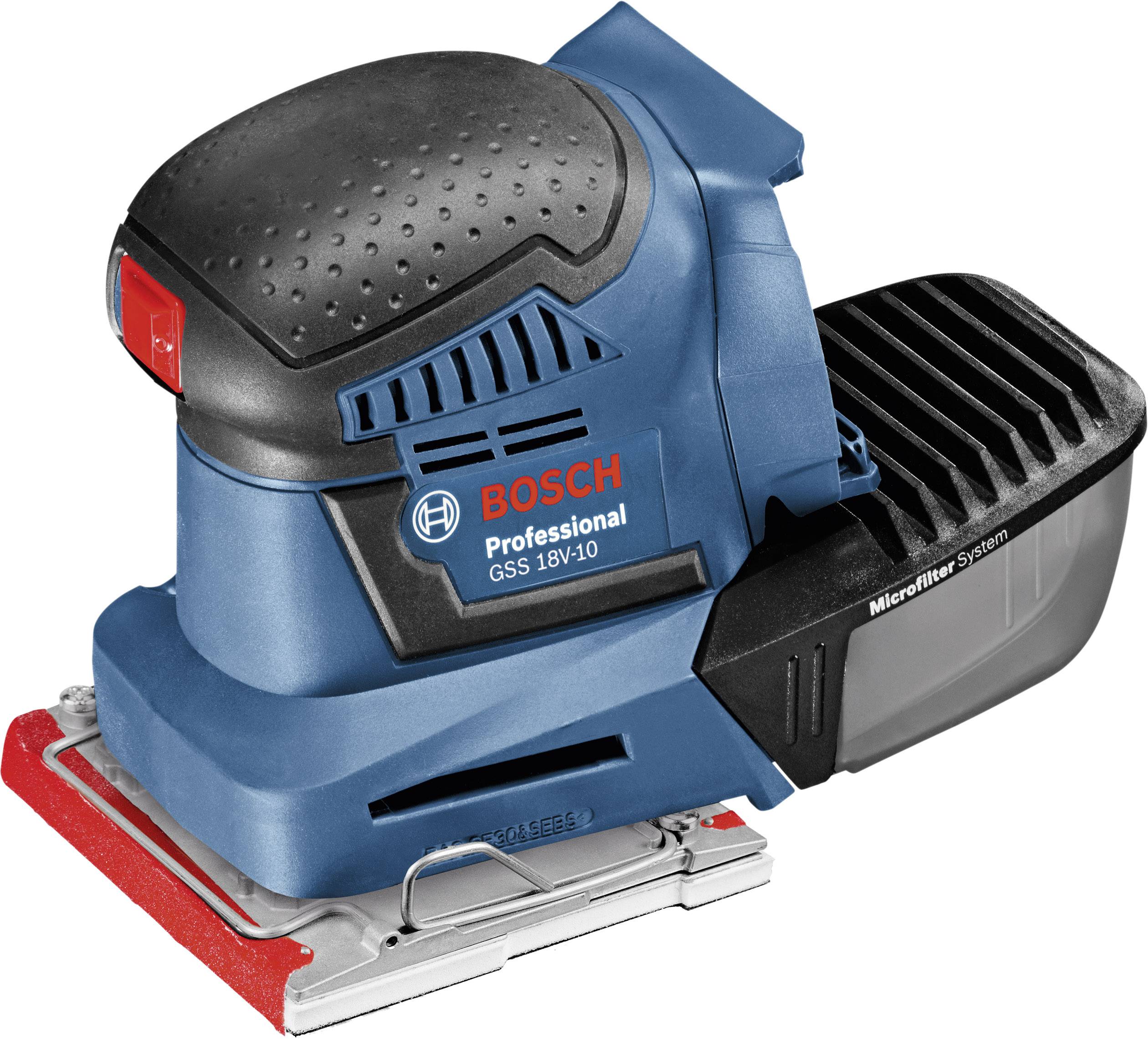 Un ponceuse vibrante Bosch bleu GSS 18V-10 avec système de micro-filtration. Compact et fonctionnant sur batterie, idéal pour les travaux de précision.