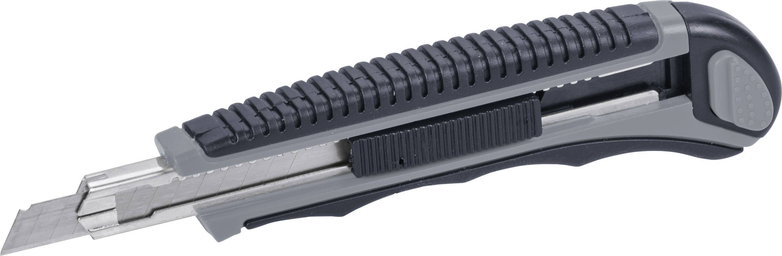 Couteau utilitaire gris-noir avec lame rétractable tranchante et manche strié.