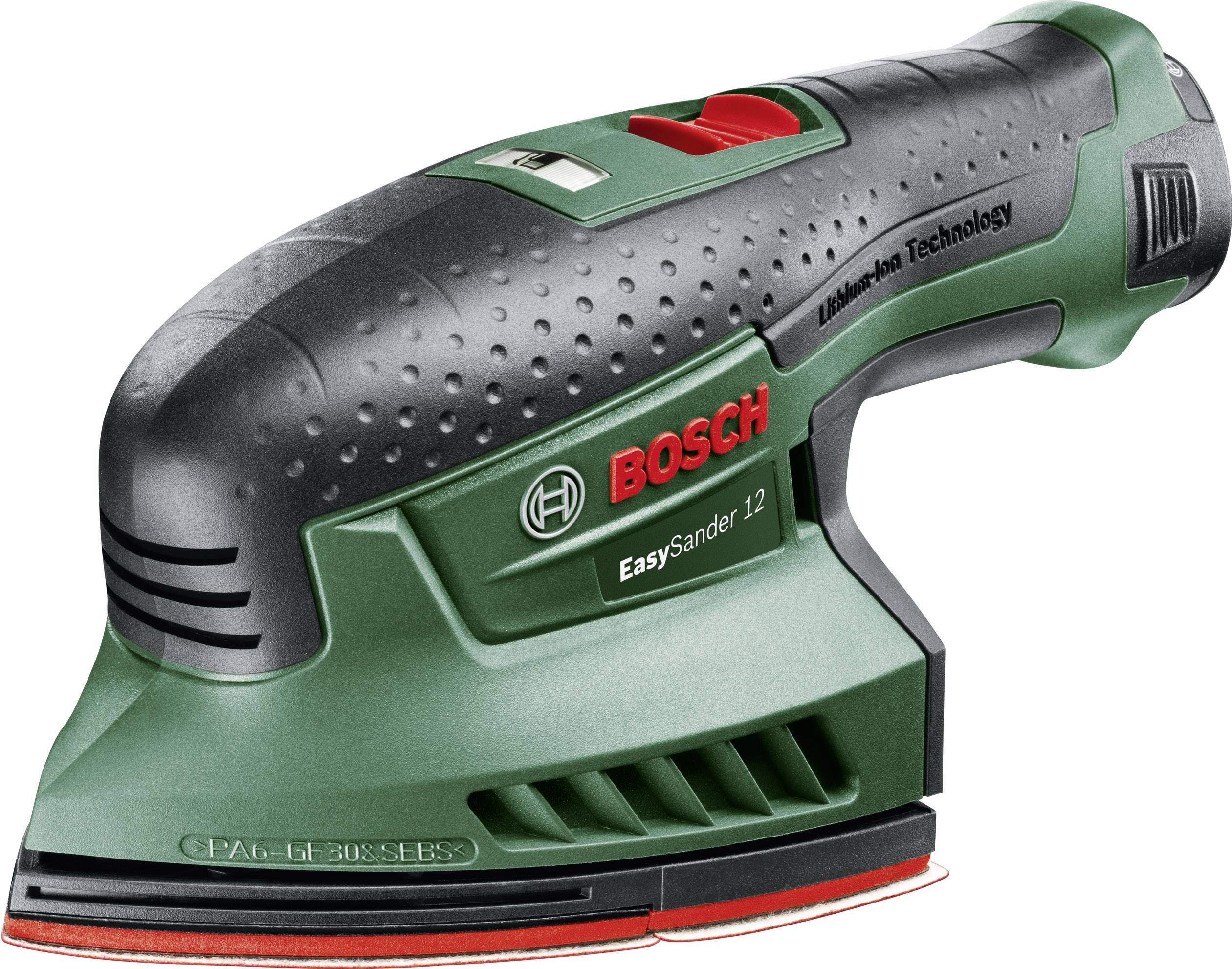 Un ponceuse palm verte et grise de la marque Bosch avec un interrupteur rouge, adaptée au travail du bois et aux petits travaux de ponçage.