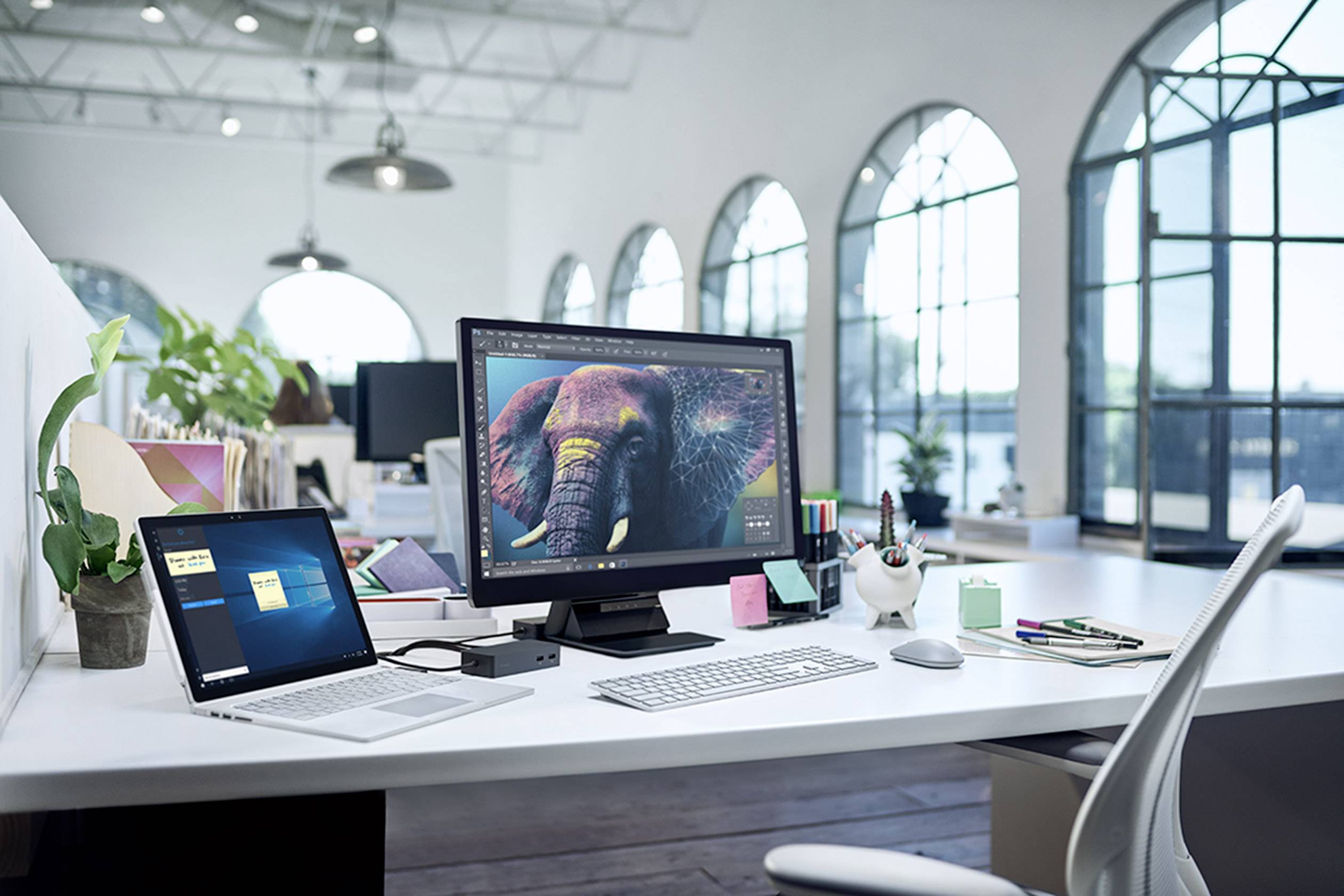 Espace de bureau moderne avec un grand bureau, un ordinateur et un ordinateur portable. Un programme graphique affichant une image d'éléphant est ouvert sur l'écran.