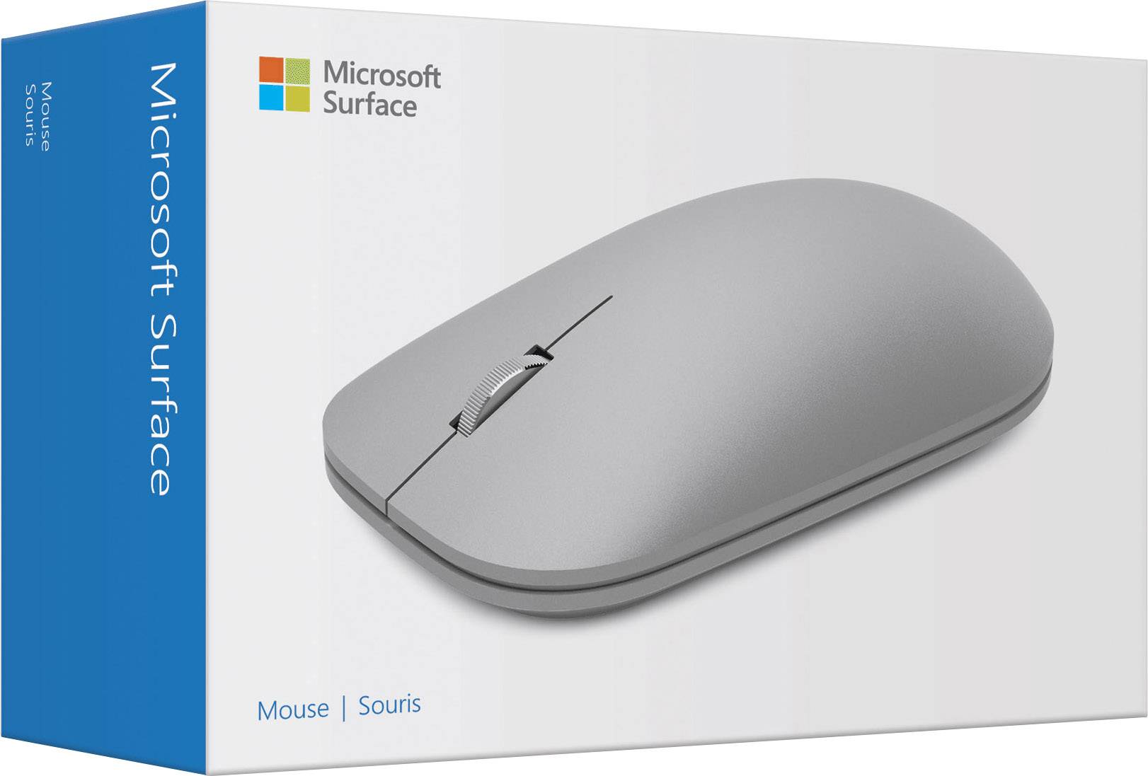 Souris grise Microsoft Surface représentée sur l'emballage, avec le nom du produit et le logo de la marque.