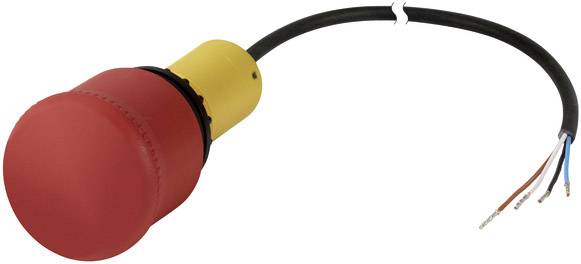 Bouton d'arrêt d'urgence rouge avec câble noir et blanc, prêt à être installé, servant à des fins de sécurité dans les systèmes électriques.