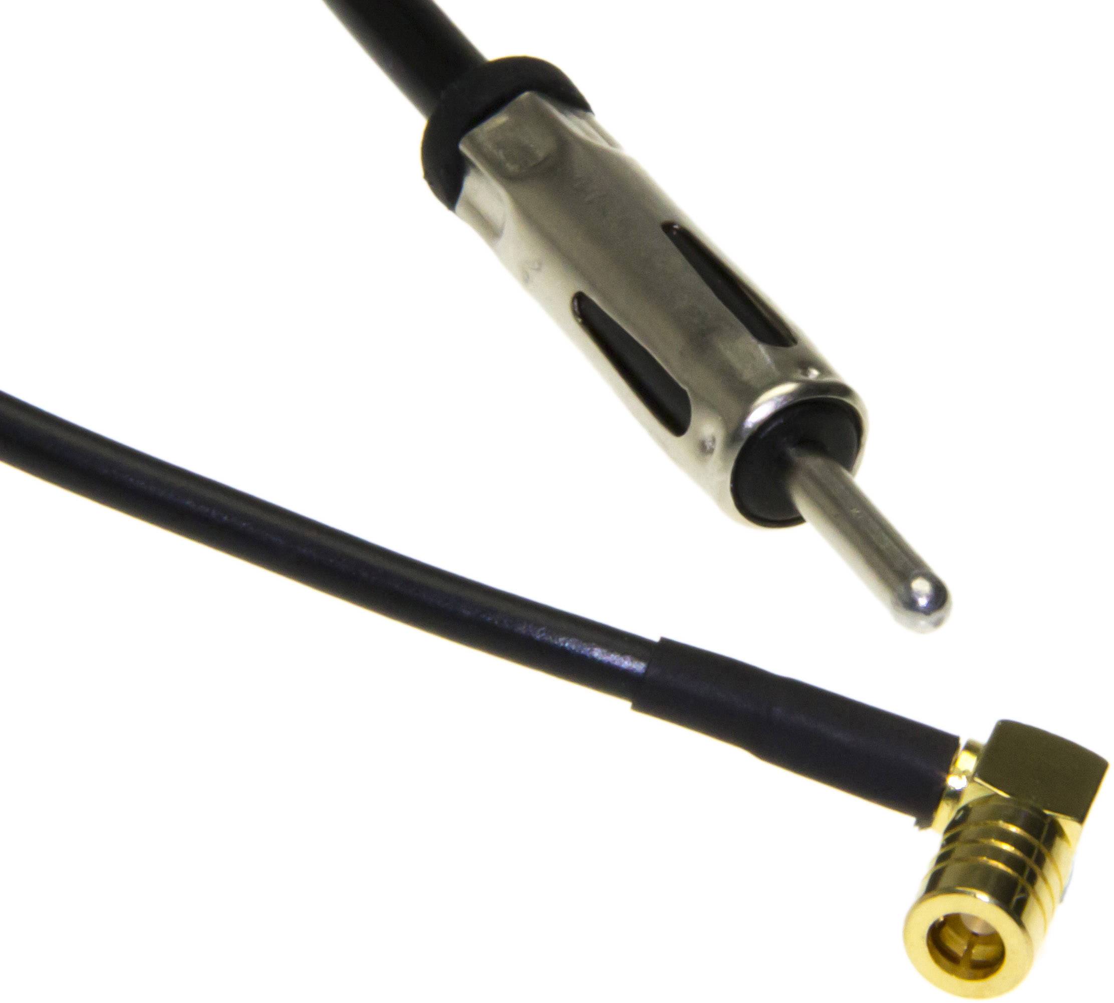 Un câble coaxial avec une fiche coaxiale argentée et une fiche coudée dorée.