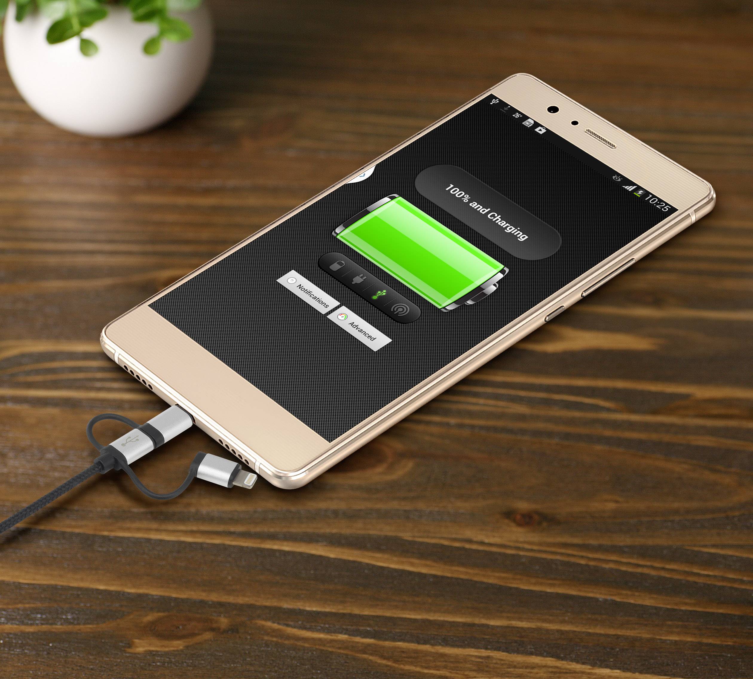 Un smartphone sur une surface en bois affiche un écran de chargement avec 100% de batterie, connecté à un câble de charge. Une plante est visible en arrière-plan.